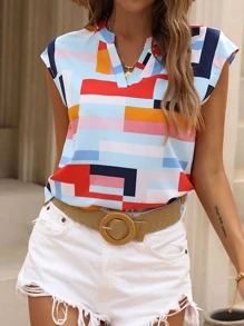 SHEIN Unity Geo Print Notched Neckline Batwing Sleeve Blouse - Multicolor - View 5