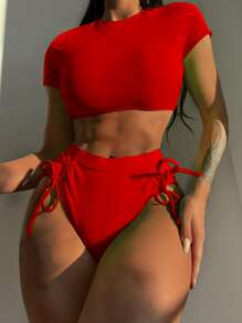SHEIN Swim 夏季海灘系帶後背高腰比基尼 - 紅色 - 查看 1