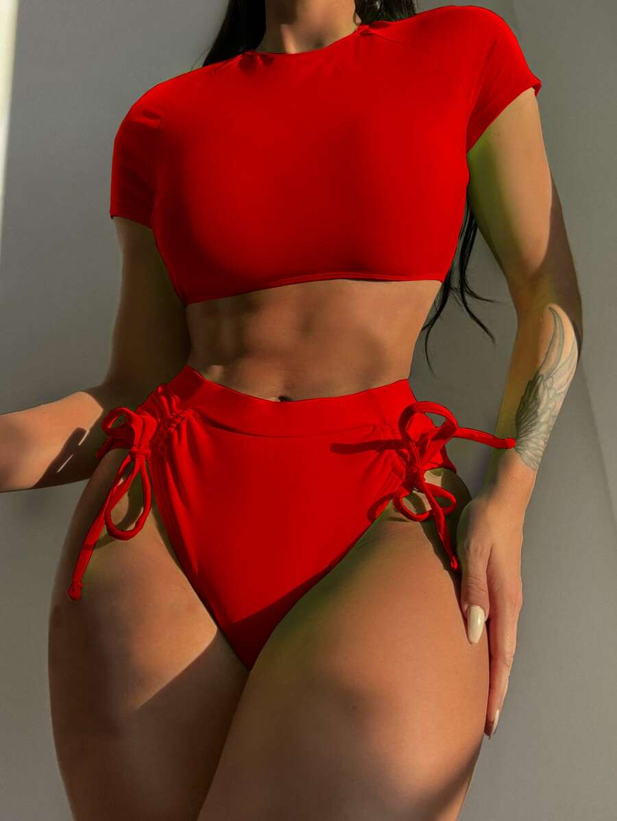 SHEIN Swim 夏季海灘系帶後背高腰比基尼 - 紅色 - 查看 1