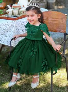 Vestido formal elegante de niña con falda esponjosa de tul y satén de unicolor, adecuado para pasarela y escuela, sin diadema - Verde Oscuro - Ver 3