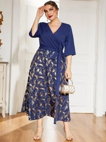 Modelyn Plus Graphic Print Belted A-line Dress - Navy Blue - View 4