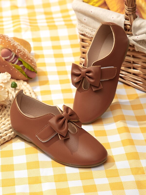 Girls' Brown Flat Shoes Decorated With Bowknot, For Christmas