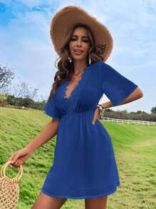 SHEIN Swim 拼接水溶蕾絲罩衫不附帶比基尼套裝 - 藍色 - 查看 4