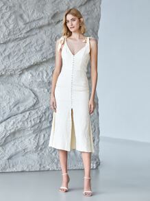 MOTF PREMIUM FITTED TIE SHOULDER JACQUARD DRESS - Beige - View 3