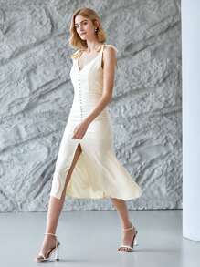 MOTF PREMIUM FITTED TIE SHOULDER JACQUARD DRESS - Beige - View 5