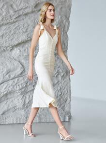 MOTF PREMIUM FITTED TIE SHOULDER JACQUARD DRESS - Beige - View 7