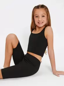 SHEIN Tween Girl Summer Knitted Solid Color Crop Top And Shorts Set