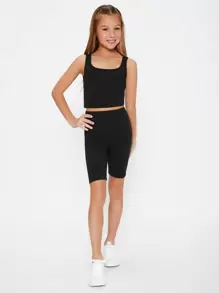 SHEIN Tween Girl Summer Knitted Solid Color Crop Top And Shorts Set