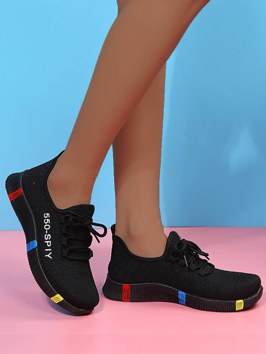 Letter Graphic Lace-up Front Running Shoes - Black - View 1