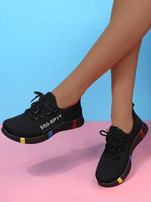 Letter Graphic Lace-up Front Running Shoes - Black - View 2