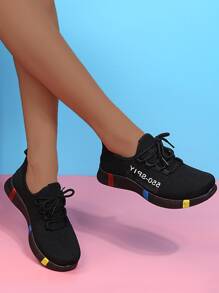 Letter Graphic Lace-up Front Running Shoes - Black - View 3