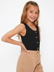 SHEIN Tank Tops & Camis Bé Gái Gân đan Nút phía trước màu trơn Giải trí - màu đen - Xem 3