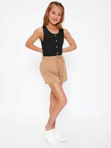 SHEIN Tank Tops & Camis Bé Gái Gân đan Nút phía trước màu trơn Giải trí - màu đen - Xem 5