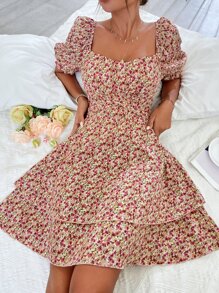 SHEIN Unity Sweetheart Neck Allover Floral Print Ruffle Hem Dress - Multicolor - View 1
