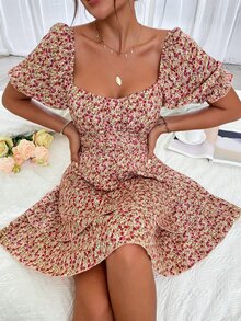 SHEIN Unity Sweetheart Neck Allover Floral Print Ruffle Hem Dress - Multicolor - View 4