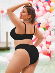 Plus Size Plain Bikini Set Summer Beach - Black - View 2
