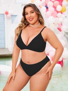 Plus Size Plain Bikini Set Summer Beach - Black - View 3