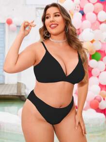 Plus Size Plain Bikini Set Summer Beach - Black - View 4