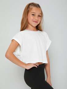 Tween Girl Solid Roll Up Sleeve Crop Tee - White - View 3