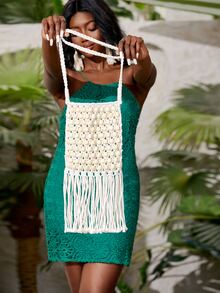 Bolso bandolera con cuenta & con diseño de fleco - Blanco - Ver 4