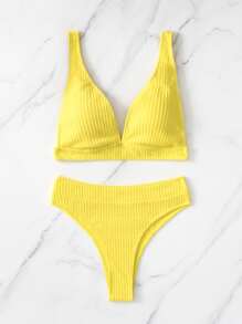 SHEIN Swim 夏季海灘凸緞高腰比基尼 - 黃色 - 查看 3