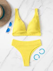 SHEIN Swim 夏季海灘凸緞高腰比基尼 - 黃色 - 查看 5