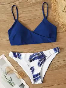 SHEIN Swim Summer Beach Palm Random Print Adjustable Strap Bikini - Blue and White - View 1