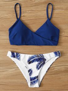 SHEIN Swim Summer Beach Palm Random Print Adjustable Strap Bikini - Blue and White - View 5