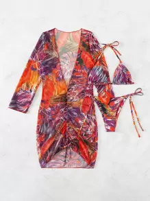 SHEIN Swim 夏季海滩热带印花比基尼套装吊带三角胸罩上衣和系带侧比基尼下装和抽绳罩衫连衣裙 3 件套比基尼 - 中紫紅色 - 查看 4