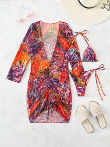 SHEIN Swim 夏季海滩热带印花比基尼套装吊带三角胸罩上衣和系带侧比基尼下装和抽绳罩衫连衣裙 3 件套比基尼 - 中紫紅色 - 查看 6