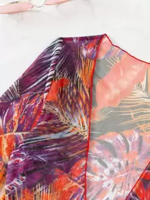 SHEIN Swim 夏季海滩热带印花比基尼套装吊带三角胸罩上衣和系带侧比基尼下装和抽绳罩衫连衣裙 3 件套比基尼 - 中紫紅色 - 查看 3