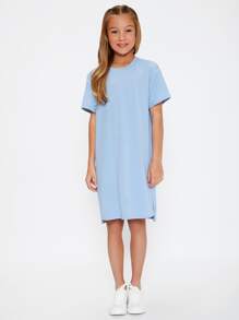 SHEIN Girls Split Hem Tee Dress - Baby Blue - View 5
