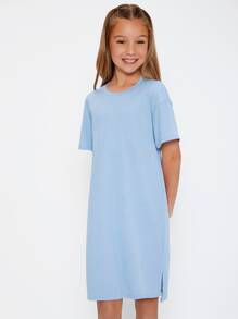 SHEIN Girls Split Hem Tee Dress - Baby Blue - View 6