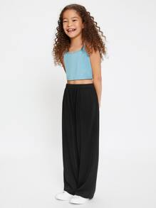 SHEIN Leap Crew Girls Elastic Waist Wide Leg Trousers - Black - View 3