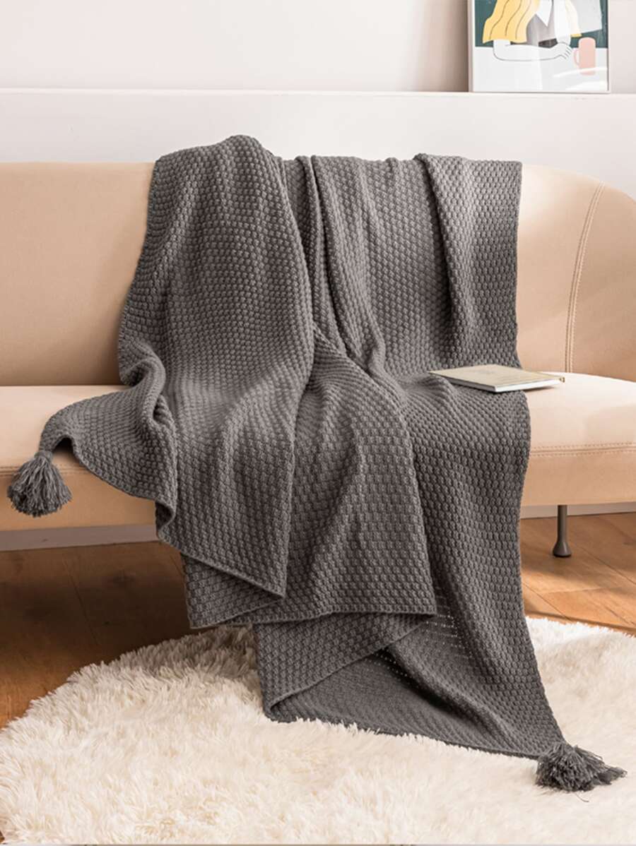 流蘇裝飾針織蓋毯 - 深灰色 - 查看 1