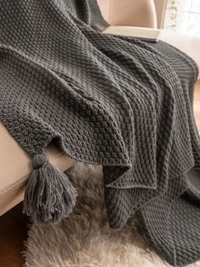 流蘇裝飾針織蓋毯 - 深灰色 - 查看 2