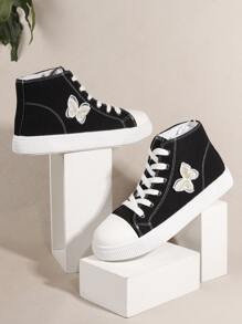 Women's Fashionable Soft & Comfortable Classic Round Toe Lace-up High Top Canvas Casual Sports Shoes For All Seasons - Black - View 1