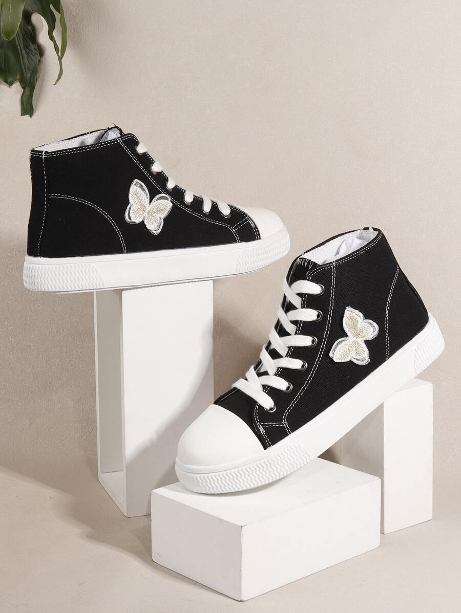 Women's Fashionable Soft & Comfortable Classic Round Toe Lace-up High Top Canvas Casual Sports Shoes For All Seasons - Black - View 1