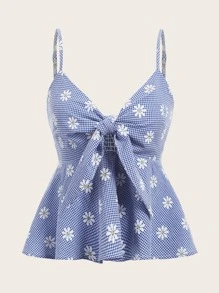 Dreamara Plus Floral & Gingham Print Knotted Front Ruffle Hem Cami Top - Blue and White - View 1