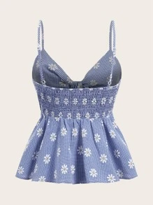 Dreamara Plus Floral & Gingham Print Knotted Front Ruffle Hem Cami Top - Blue and White - View 2