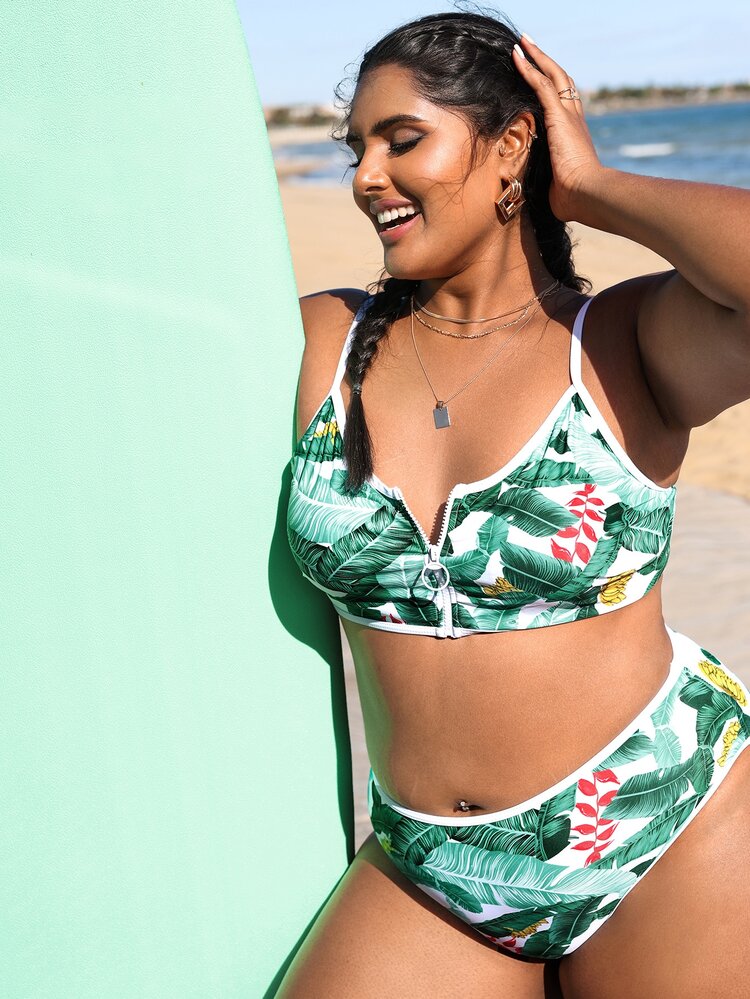 Plus Size Tropical Print Zip Up Bikini Set Summer Beach - Multicolor - View 3