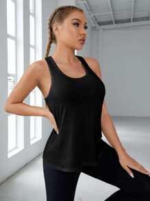 Easithlete Solid Contrast Mesh Racer Back Sports Tank Top - Black - View 4