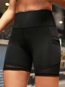 Yoga Basic Wide Band Waist Sports Shorts With Phone Pocket - Black - View 3