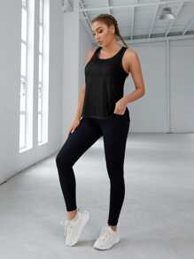 Easithlete Solid Contrast Mesh Racer Back Sports Tank Top - Black - View 5