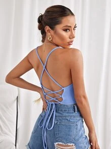 SHEIN EZwear Sexy Vlak Tanktop & hemd Zonder rug Kant Tie Terug Geplisseerde