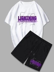 ROMWE MEN Guys Letter Graphic Tee & Shorts - Black and White - View 1