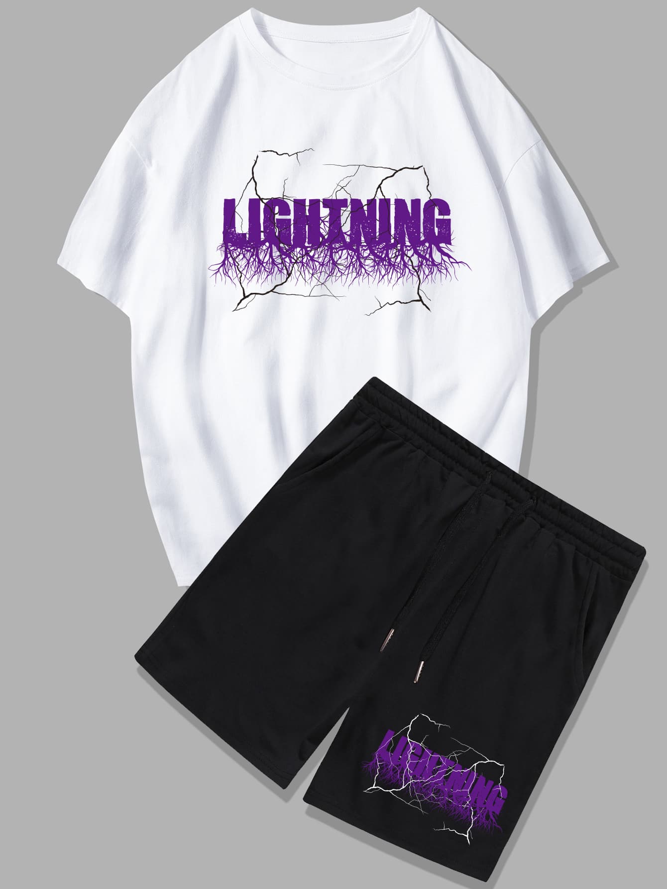 ROMWE MEN Guys Letter Graphic Tee & Shorts - Black and White - View 1