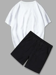 ROMWE MEN Guys Letter Graphic Tee & Shorts - Black and White - View 2