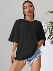 SHEIN EZwear Áo thun nữ Slogan Giải trí - màu đen - Xem 2