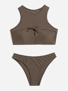 實心剪裁沖浪比基尼，適用於夏季沙灘 - 摩卡棕 - 查看 1